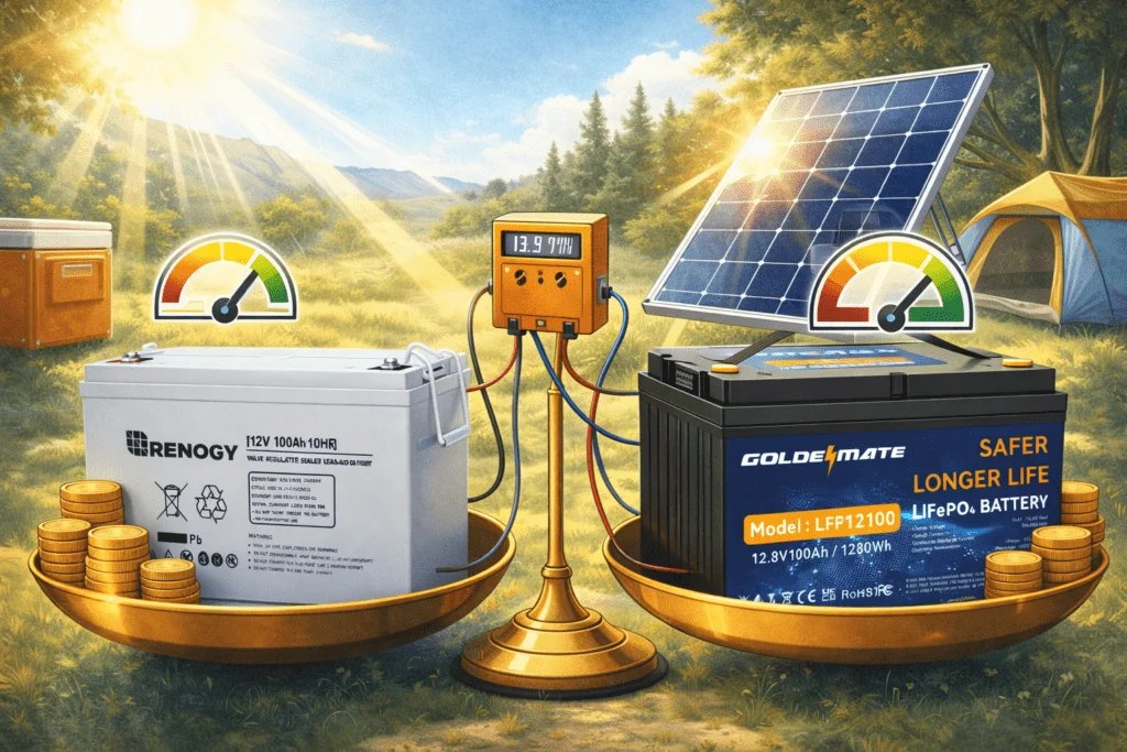Comparación visual de recarga solar entre batería AGM y batería LiFePO₄ en un kit solar pequeño
