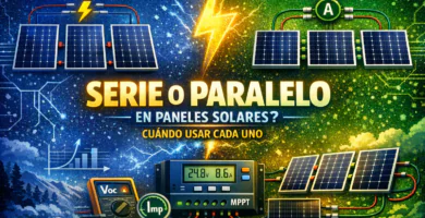 Imagen destacada sobre conexión de paneles solares en serie o en paralelo con controlador MPPT y esquema comparativo