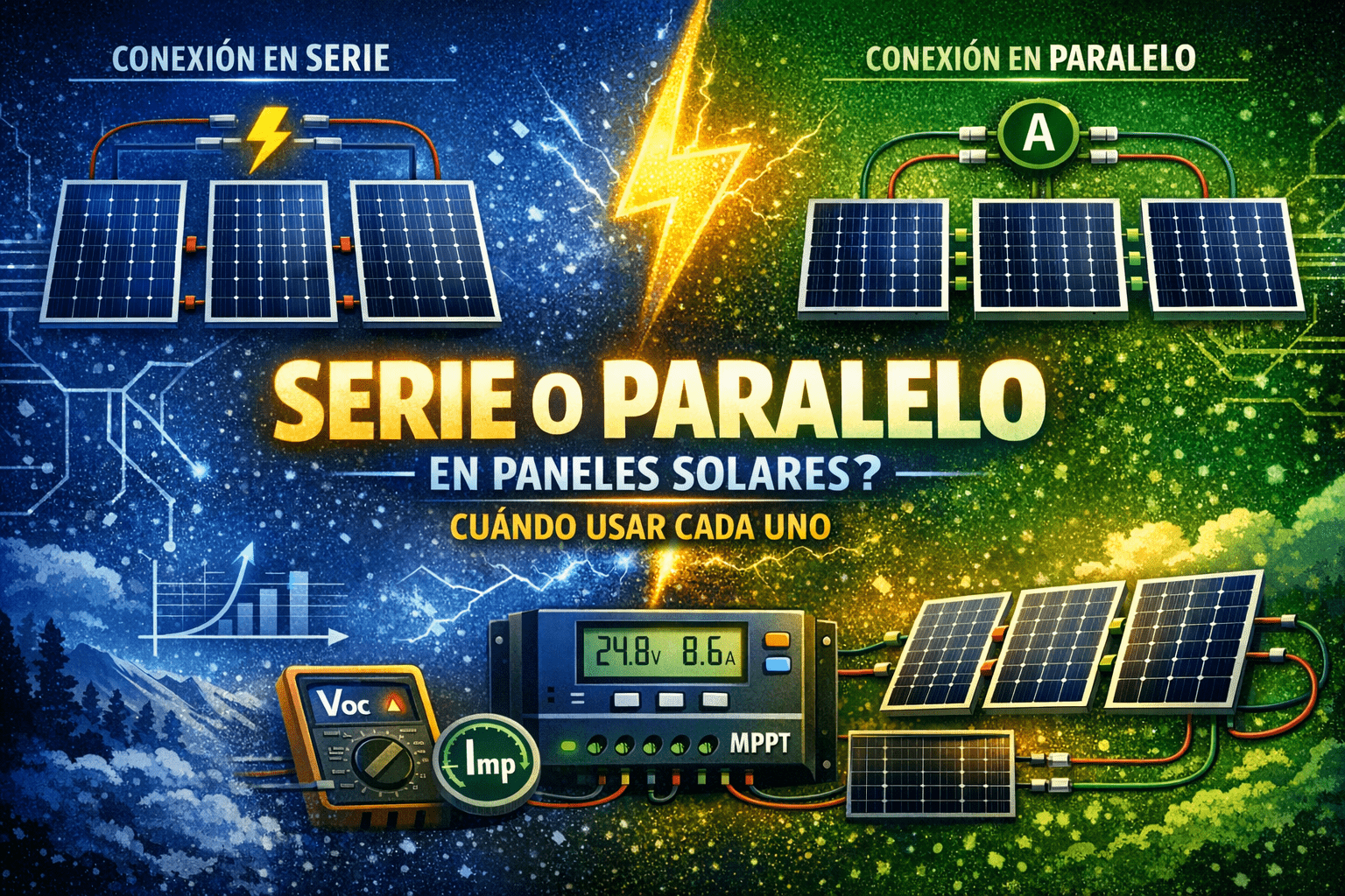 Imagen destacada sobre conexión de paneles solares en serie o en paralelo con controlador MPPT y esquema comparativo
