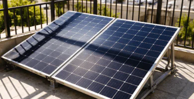 Paneles solares en balcón con sombra parcial proyectada por una baranda, ejemplo de caída de producción.