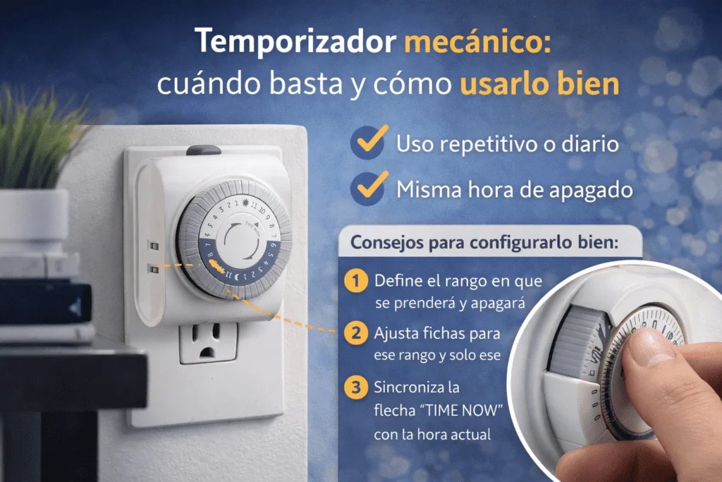Imagen de un temporizador mecánico enchufable instalado en la pared para controlar horarios de uso en el hogar