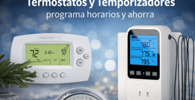 Imagen de portada con un termostato mural y un temporizador enchufable para ilustrar el ahorro eléctrico mediante programación horaria en el hogar