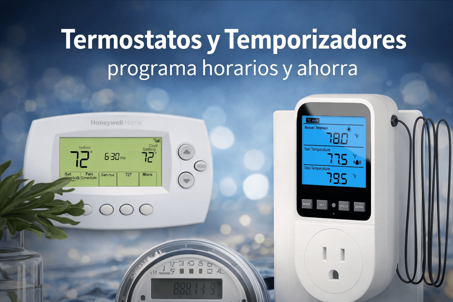 Imagen de portada con un termostato mural y un temporizador enchufable para ilustrar el ahorro eléctrico mediante programación horaria en el hogar