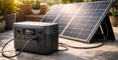Power station cargando con panel solar en patio, mostrando watts de entrada y porcentaje de batería en pantalla