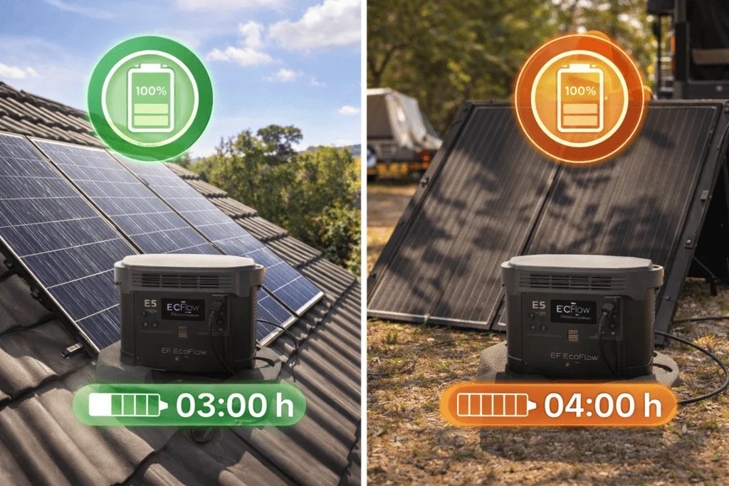 Comparación de tiempo de carga entre panel solar rígido y panel solar plegable conectados a una power station.