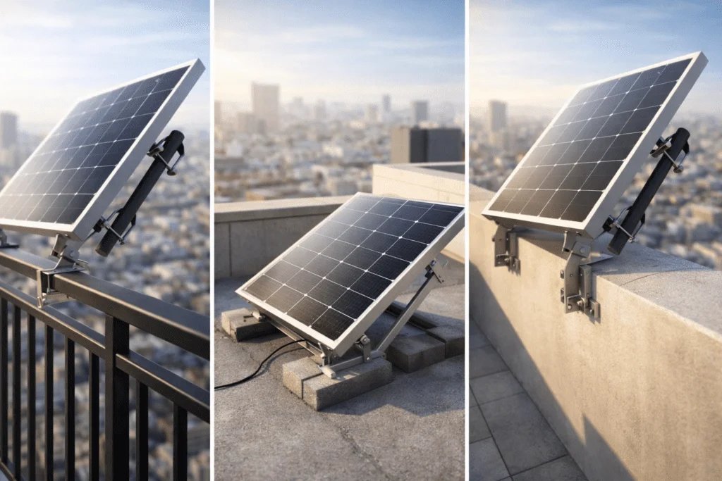 Tres tipos de montaje sin perforar para panel solar: fijación a baranda de balcón, base lastrada en terraza y soporte en parapeto.