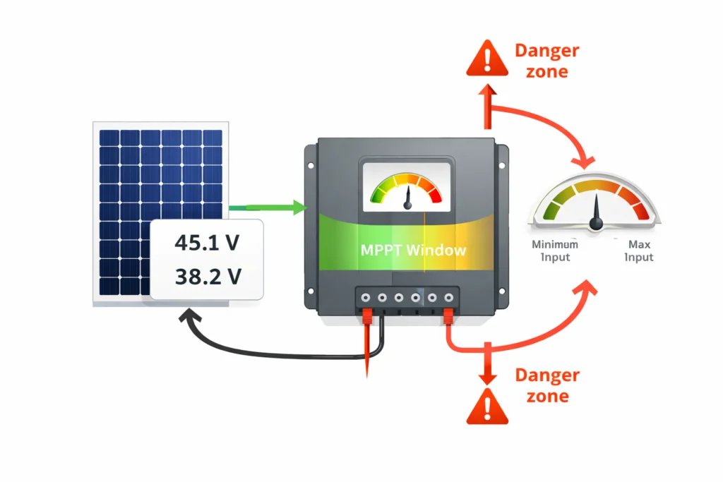 Infografía sobre ventana MPPT, voltaje de entrada y diferencia entre Voc y Vmp en un regulador solar