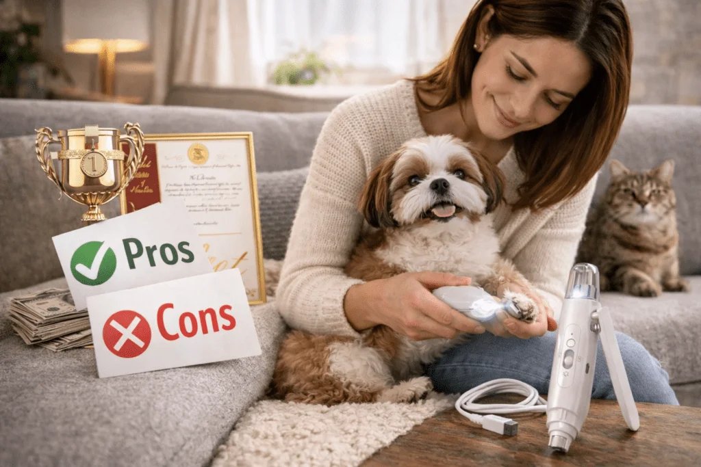 Mujer usando cortaúñas eléctrico para perro pequeño con elementos de pros y contras en casa