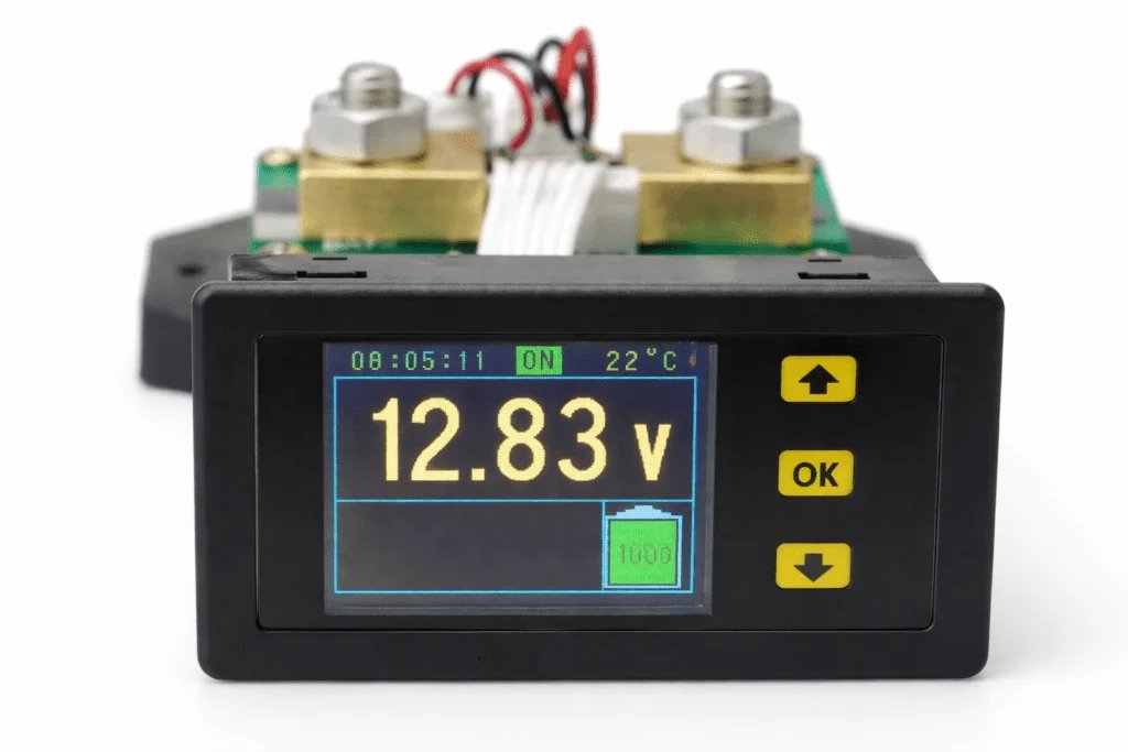 Voltímetro digital con pantalla marcando 12.83 voltios en un sistema solar con derivación