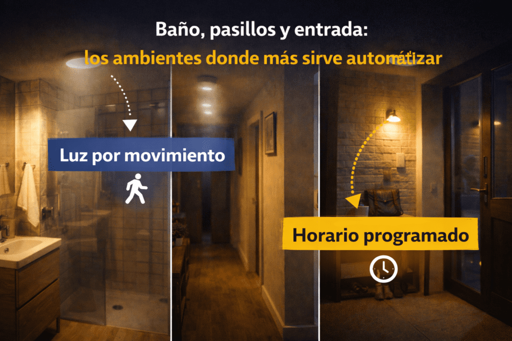 Baño, pasillo y entrada con iluminación automatizada mediante sensor de movimiento y horario programado