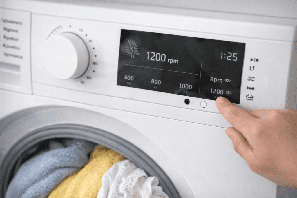 Mano ajustando las rpm en el panel de una lavadora de carga frontal para elegir un centrifugado adecuado según el tipo de ropa