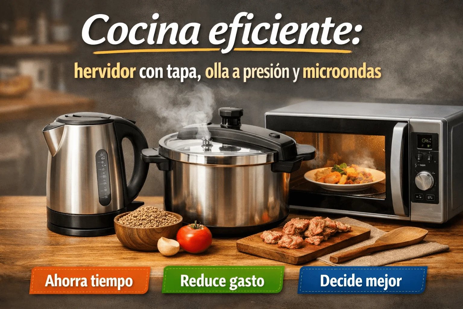 Hervidor eléctrico, olla a presión y microondas sobre una encimera de cocina, representando una rutina de cocina eficiente para ahorrar tiempo y energía