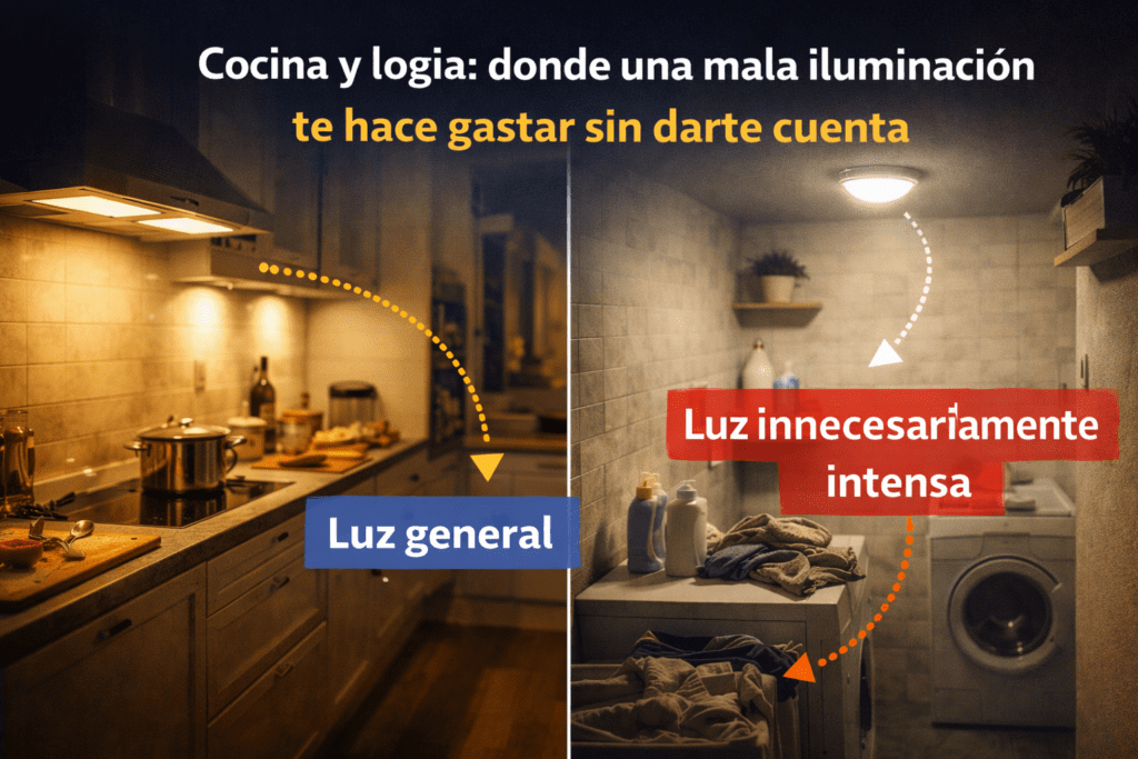 Composición visual de una cocina y una logia con problemas de iluminación doméstica, pensada para acompañar un contenido sobre cómo una luz mal distribuida o innecesariamente intensa puede hacer gastar más energía en tareas cotidianas del hogar.