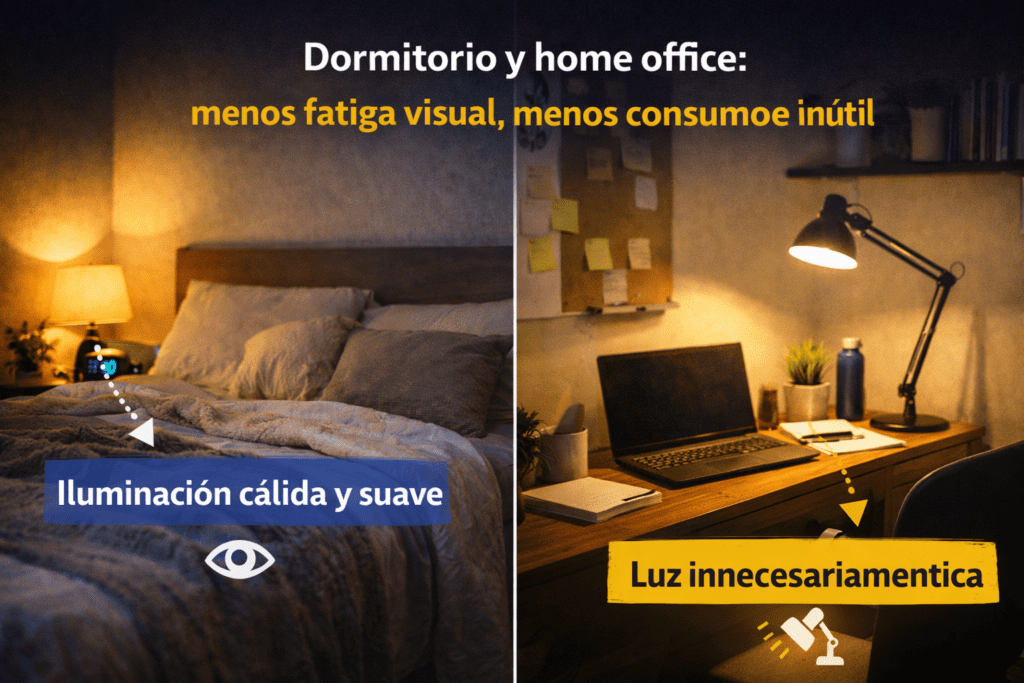 Dormitorio y home office con iluminación diferenciada para reducir fatiga visual y consumo innecesario