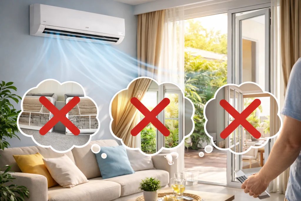 Living con aire acondicionado y ejemplos visuales de errores comunes que hacen trabajar de más al equipo en verano.