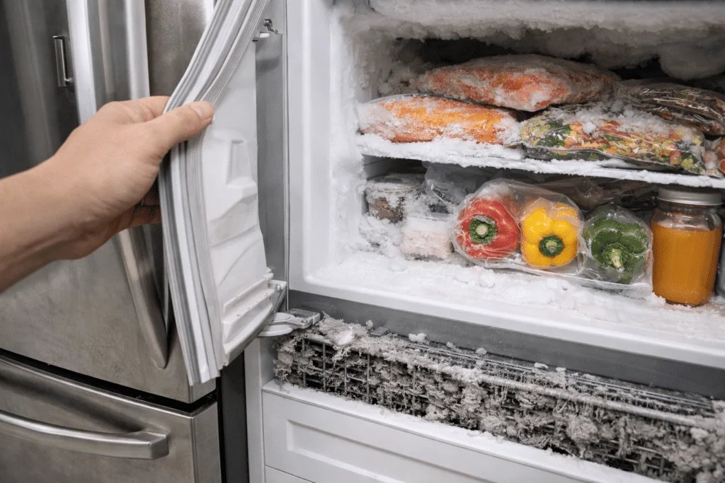 Refrigerador con escarcha acumulada, sello de puerta abierto y suciedad en la ventilación, mostrando errores que aumentan el consumo eléctrico