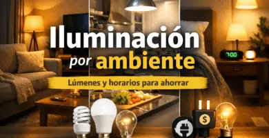 Portada con living, cocina y dormitorio iluminados para ilustrar una guía de iluminación por ambiente