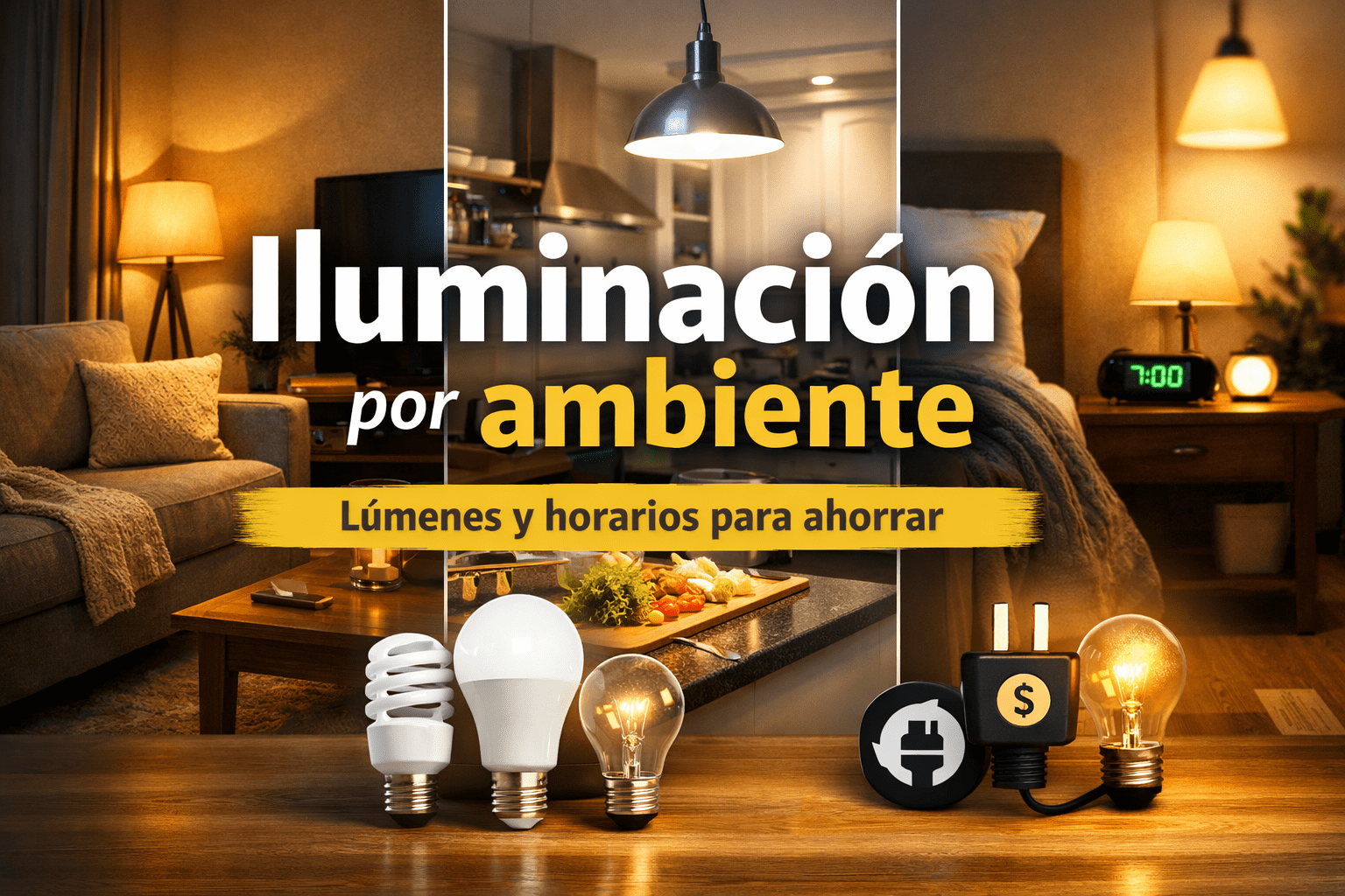 Portada con living, cocina y dormitorio iluminados para ilustrar una guía de iluminación por ambiente