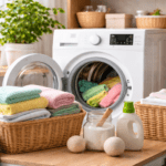 Lavadora de carga frontal en cuarto de lavado con ropa doblada, detergente y canastos, representando hábitos de lavado inteligente para ahorrar energía