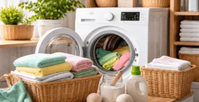 Lavadora de carga frontal en cuarto de lavado con ropa doblada, detergente y canastos, representando hábitos de lavado inteligente para ahorrar energía