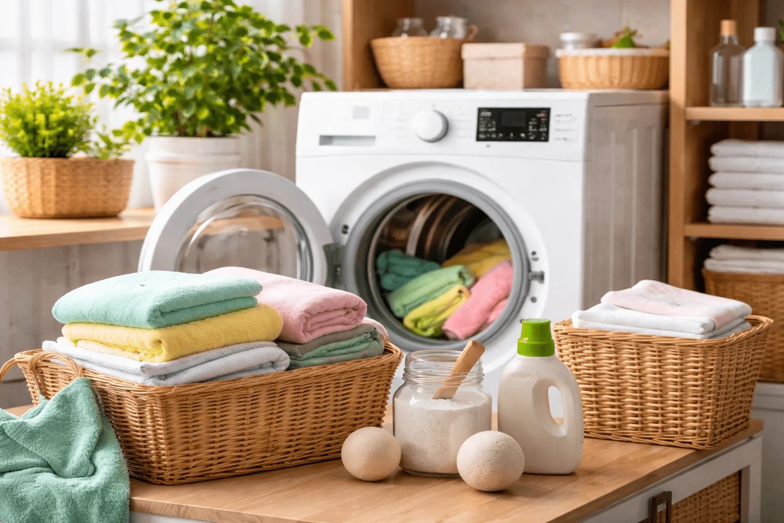 Lavadora de carga frontal en cuarto de lavado con ropa doblada, detergente y canastos, representando hábitos de lavado inteligente para ahorrar energía