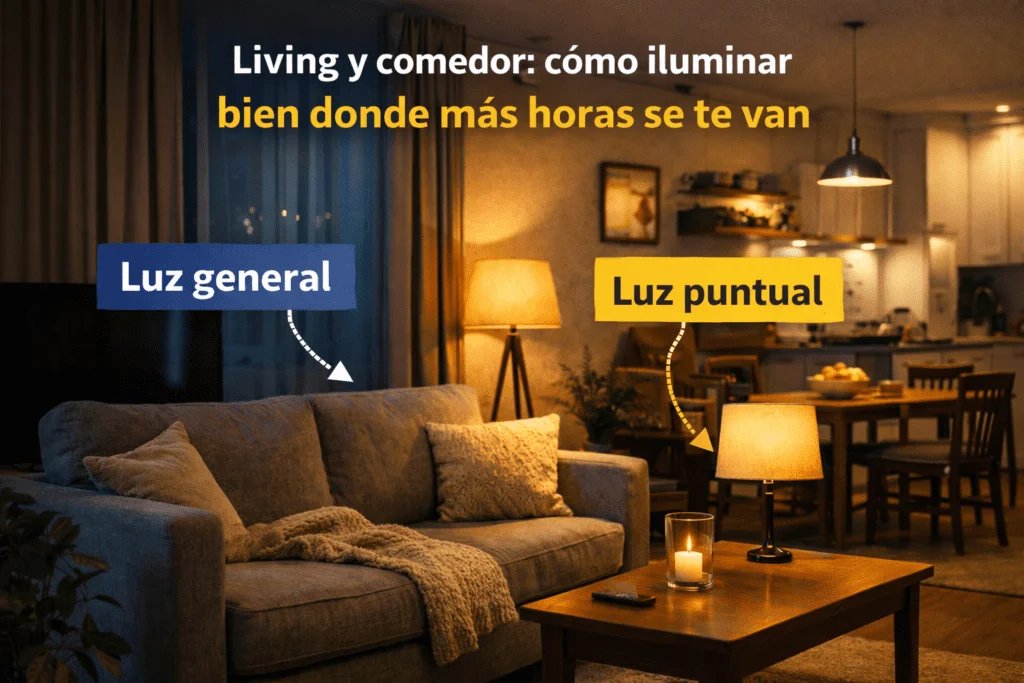 Living y comedor con luz general y luz puntual para ilustrar una iluminación cómoda y eficiente