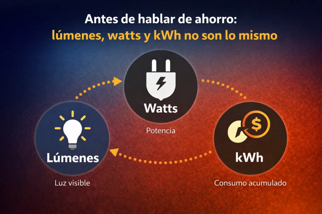 Infografía sobre diferencias entre lúmenes, watts y kWh para explicar consumo e iluminación