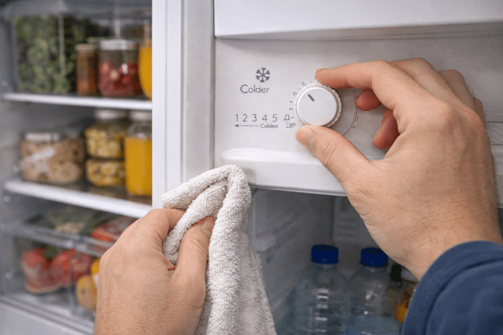 Persona ajustando la temperatura del refrigerador mientras limpia el interior, como parte de una revisión básica para mejorar el consumo