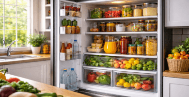 Refrigerador abierto y bien organizado en una cocina moderna, con frutas, verduras y alimentos distribuidos para ilustrar ahorro y buen uso del frío