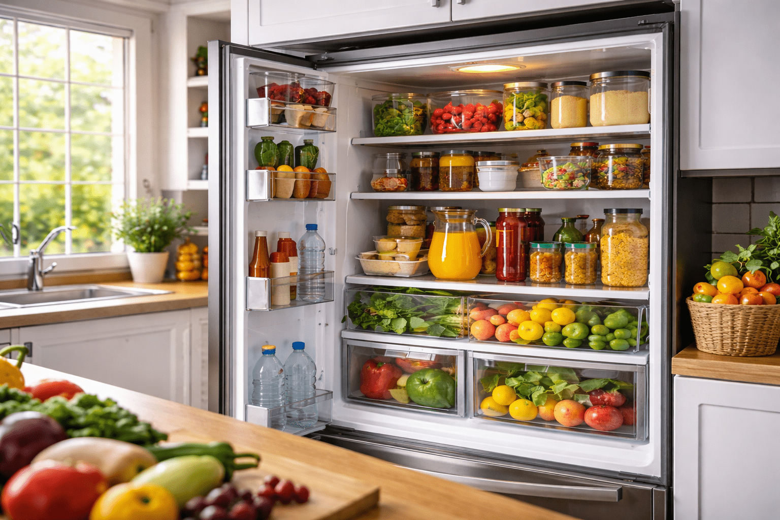Refrigerador abierto y bien organizado en una cocina moderna, con frutas, verduras y alimentos distribuidos para ilustrar ahorro y buen uso del frío