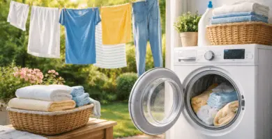 Ropa secándose al aire junto a una secadora abierta en un hogar luminoso
