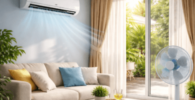 Living luminoso con aire acondicionado split, ventilador, cortinas y ambiente fresco, representando un uso eficiente del aire acondicionado en verano.