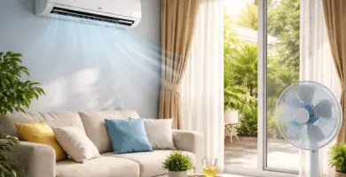 Living luminoso con aire acondicionado split, ventilador, cortinas y ambiente fresco, representando un uso eficiente del aire acondicionado en verano.
