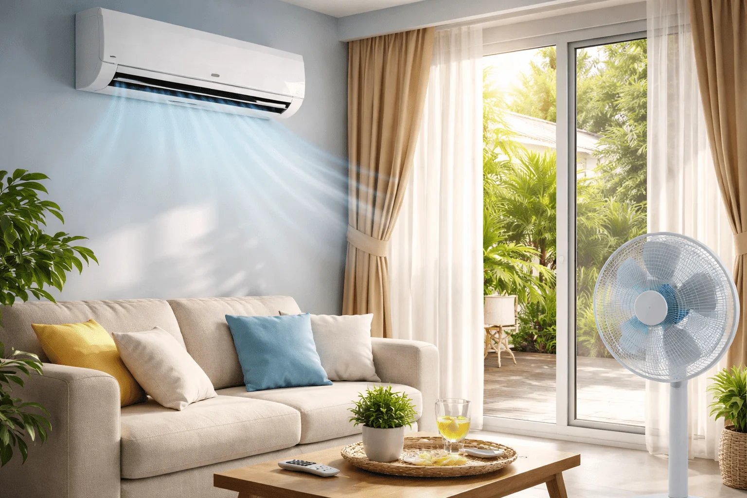 Living luminoso con aire acondicionado split, ventilador, cortinas y ambiente fresco, representando un uso eficiente del aire acondicionado en verano.