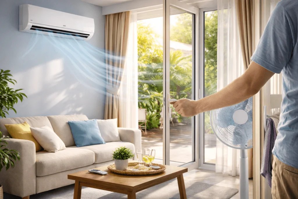 Persona abriendo una puerta ventana en un living para ventilar el ambiente antes de usar el aire acondicionado en verano.