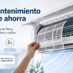 Aire acondicionado tipo split con filtro removible en mano y mensaje “Mantenimiento que ahorra: limpieza de filtros, serpentines y rejillas”.