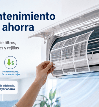 Aire acondicionado tipo split con filtro removible en mano y mensaje “Mantenimiento que ahorra: limpieza de filtros, serpentines y rejillas”.