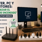 Escritorio home office con router, PC, monitores en reposo y regleta con interruptor para reducir el consumo eléctrico.