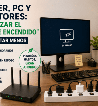 Escritorio home office con router, PC, monitores en reposo y regleta con interruptor para reducir el consumo eléctrico.
