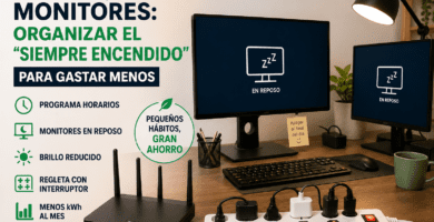 Escritorio home office con router, PC, monitores en reposo y regleta con interruptor para reducir el consumo eléctrico.