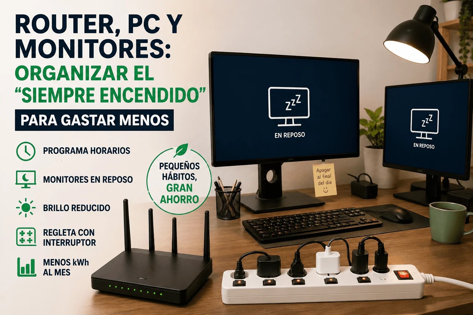 Escritorio home office con router, PC, monitores en reposo y regleta con interruptor para reducir el consumo eléctrico.